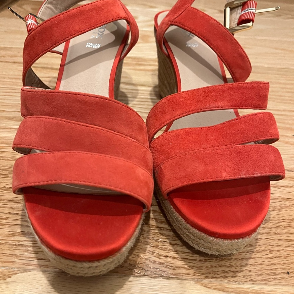 Geox Coral Red Suede Multi-Strap Espadrille Wedges